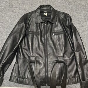 Philippe Adec Paris Black Leather Belted Zip Front Jacket Size 14